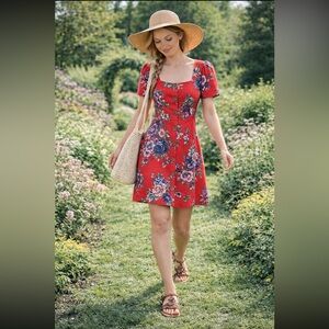 ANTHROPOLOGIE NWT Maeve Caldwell Red Floral Buttondown Dress Size 2P.
